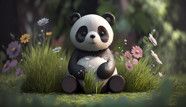 Un panda se sienta en un campo de flores.