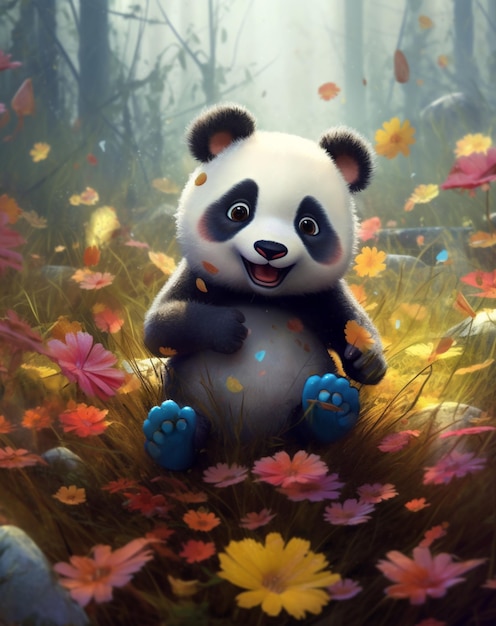 Un panda se sienta en un campo de flores.