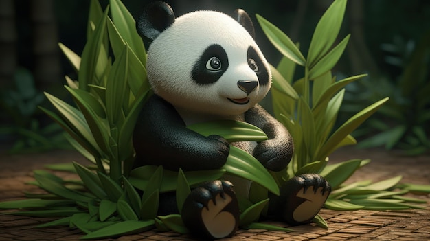 Un panda se sienta en una escena de la selva.