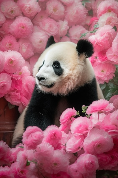 Un panda se sienta entre flores rosas en una foto.