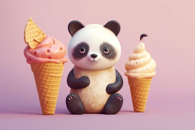 Un panda se sienta frente a conos de helado.