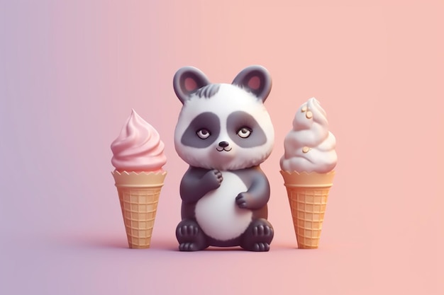 Un panda se sienta frente a dos conos de helado.