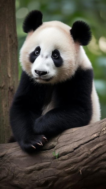 Un panda se sienta en una rama en un zoológico.