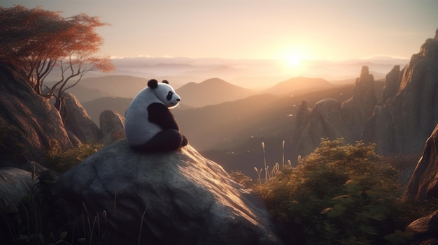 Un panda se sienta en una roca frente a una puesta de sol.