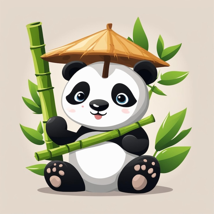 Foto un panda con un sombrero de bambú en la cabeza y hojas de bambú