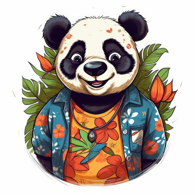 Panda sorridente em design de desenho animado de camisa havaiana em fundo branco