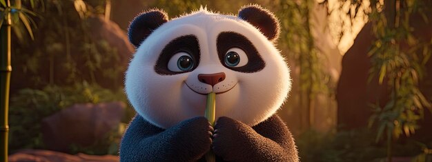 Panda sosteniendo un brote de bambú masticando contentamente un bosque de bambú verde suave en el fondo