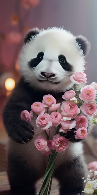 Foto un panda sosteniendo un ramo de flores rosadas con un fondo rosado.