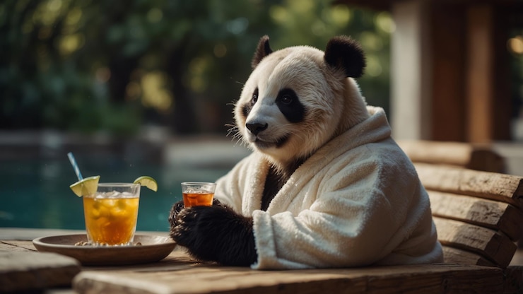 Foto panda en el spa con una túnica gafas de sol y bebiendo un martini