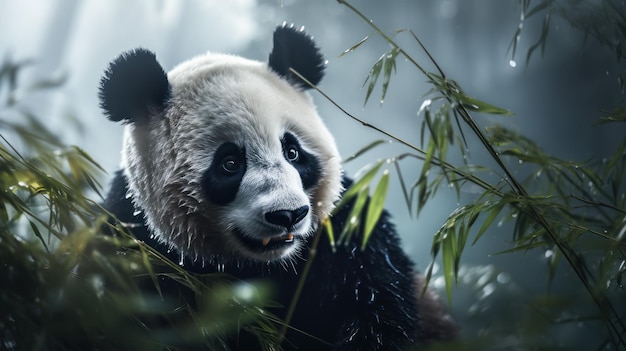 Un panda con su pelaje blanco y negro brillando en la niebla mastica brotes de bambú en un bosque apartado