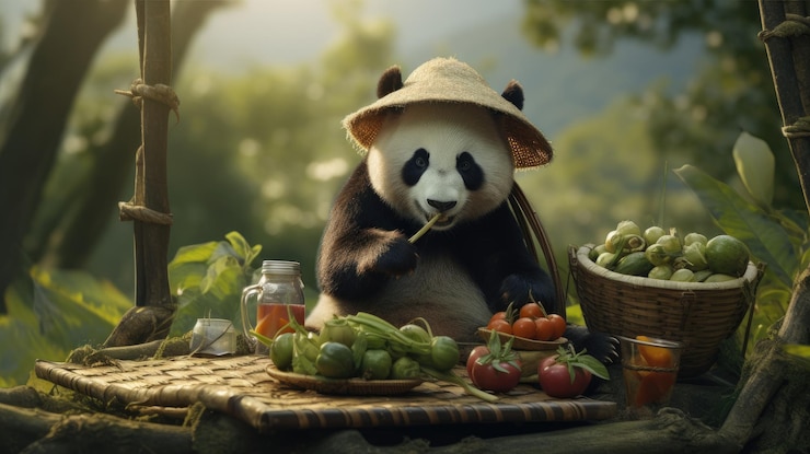 Foto un panda teniendo su propio estilo de picnic a la moda usando utensilios de bambú hyper real hd 4k