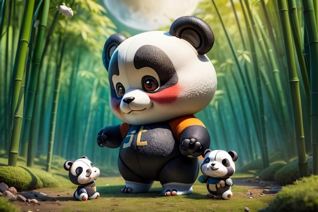 Foto panda del tesoro nacional chino de dibujos animados jugando en el bosque de bambú fondo de pantalla de representación 3d de anime