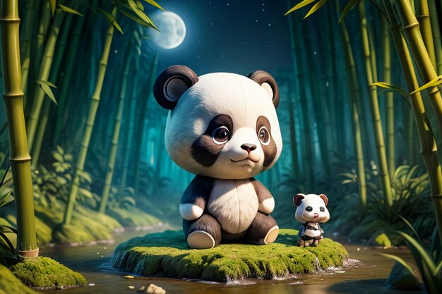 Foto panda del tesoro nacional chino de dibujos animados jugando en el bosque de bambú fondo de pantalla de representación 3d de anime