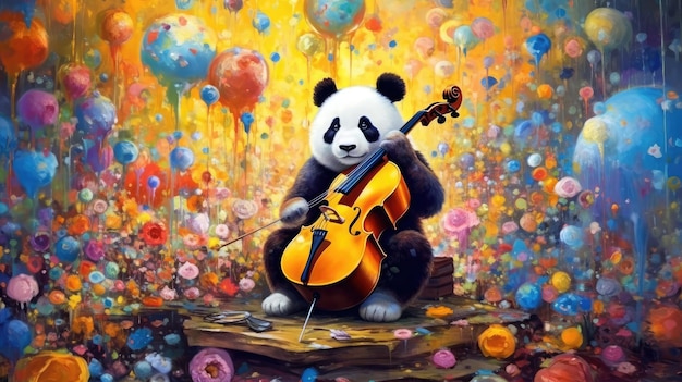 Un panda toca un violonchelo en una pintura colorida.