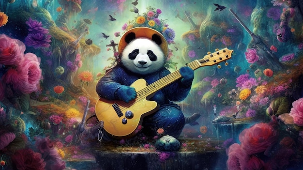 Un panda tocando una guitarra con un fondo colorido.