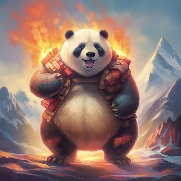 Un panda con un traje de fuego en el pecho.