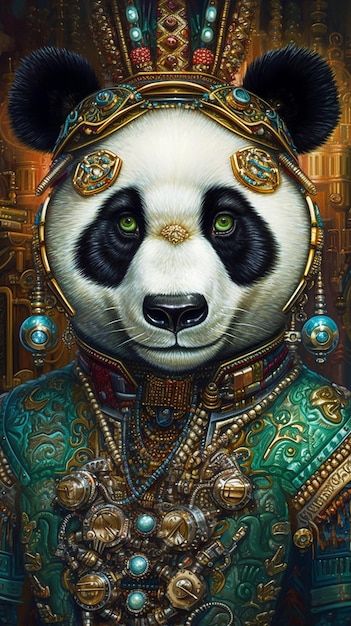 Un panda con traje verde y joyas doradas.