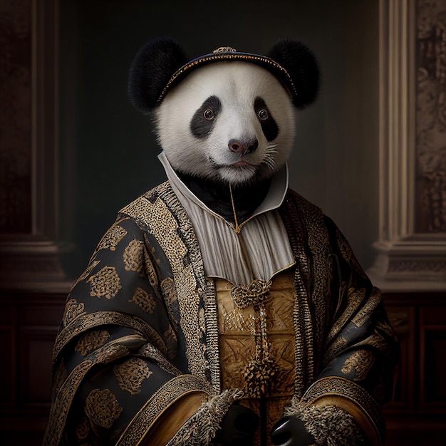 Un panda con túnica dorada y sombrero.