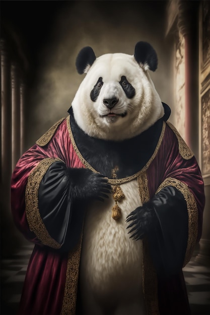 Un panda con túnica roja y sombrero negro.