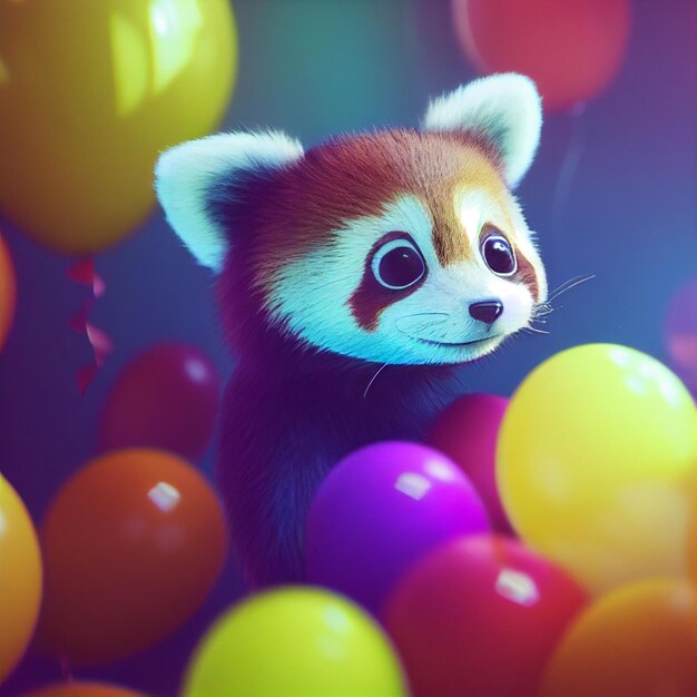 Panda vermelho bebê fofo com balões cartão de feliz aniversário 3D renderização ilustração dos desenhos animados