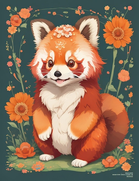 panda vermelho bonito com flores de fantasia