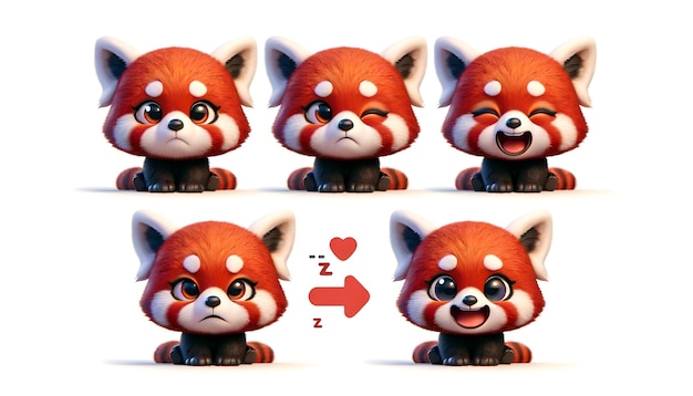 panda vermelho bonito ilustrado em quatro ângulos cada um com uma expressão única contra um fundo branco