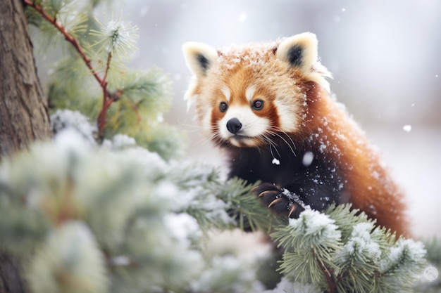 Panda vermelho coberto de neve no pinheiro