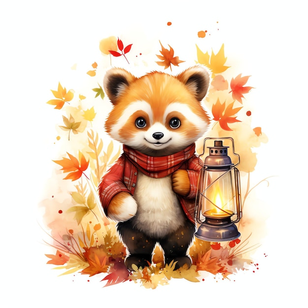 Panda Vermelho com lanterna na floresta de outono