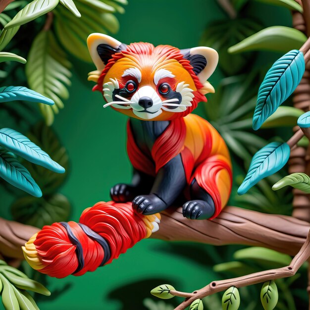 Panda vermelho de plástico sentado em uma árvore na selva ilustração 3D