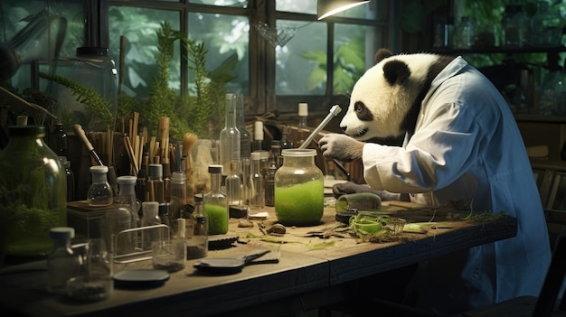 un panda vierte un líquido verde en un recipiente.