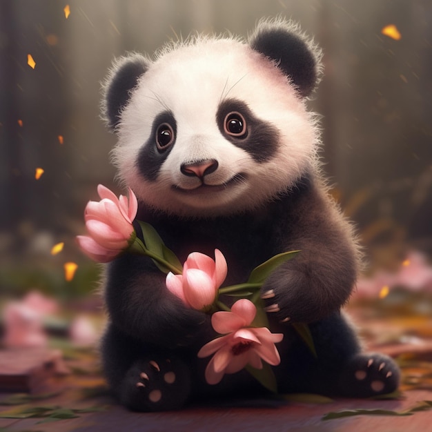 Pandabär hält eine rosa Blume in seinen Pfoten generative KI