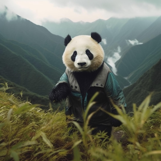 Pandabär in einer Jacke sitzt auf einem grasbewachsenen Hügel mit Bergen im Hintergrund generative KI