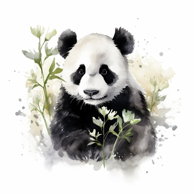 Pandabär sitzt im Gras mit Blumen und Pflanzen generativer KI