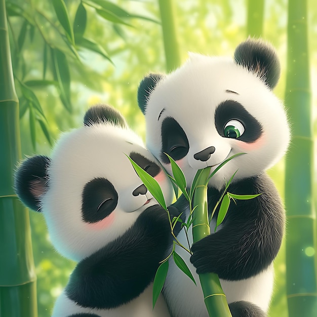 Los pandas se abrazan mientras comen hojas de bambú.