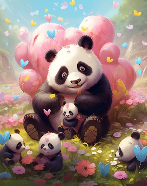 Pandas en el árbol rosa fondos de pantalla