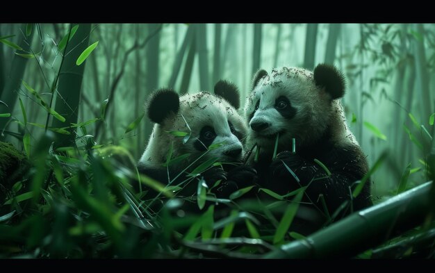 Pandas bonitos desfrutando de lanches de bambu