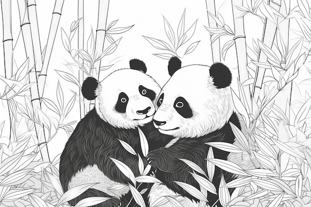 Pandas en el bosque de bambú, en blanco y negro