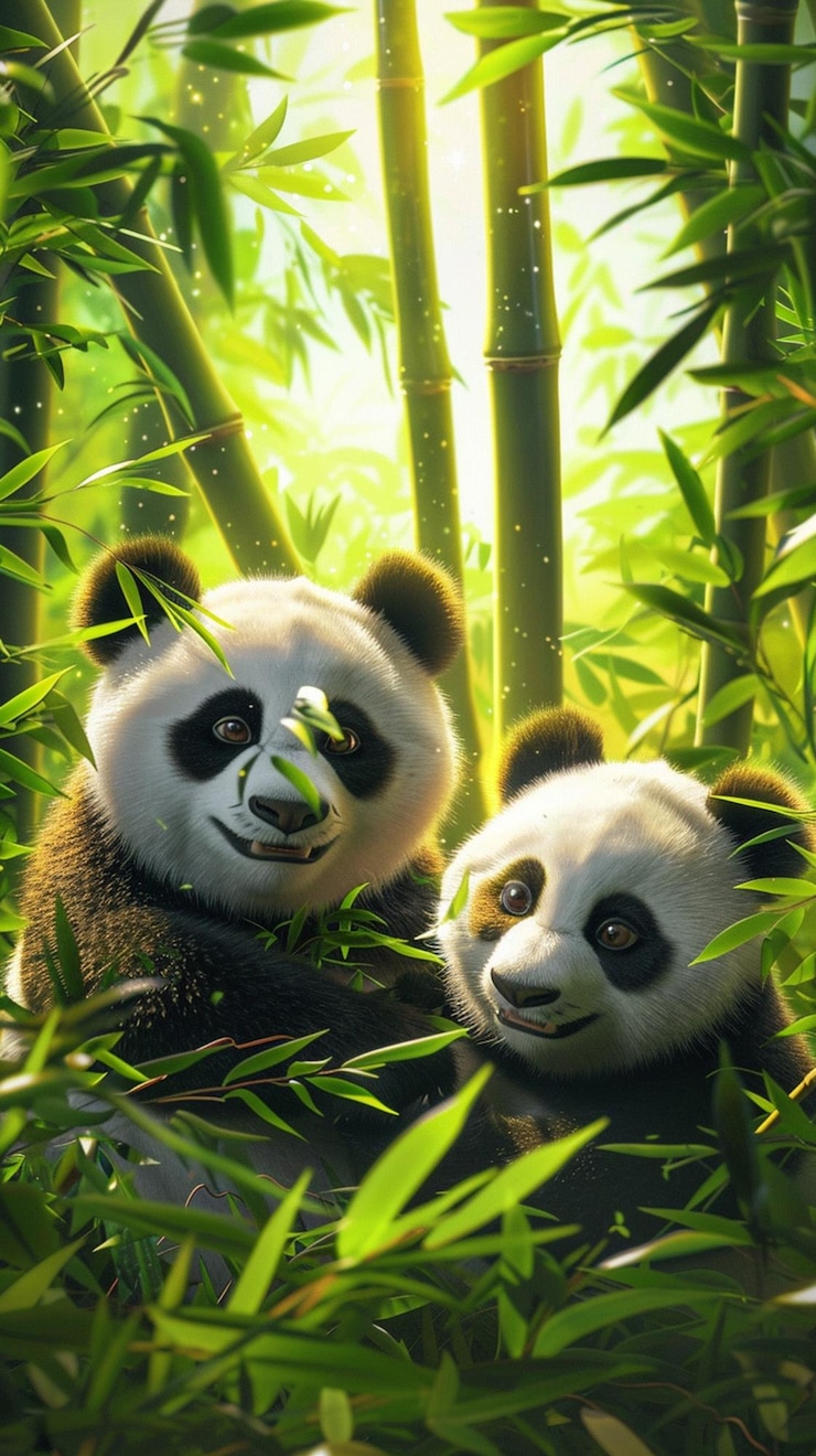 Foto pandas en el bosque de bambú con un fondo de hojas verdes generativo ai