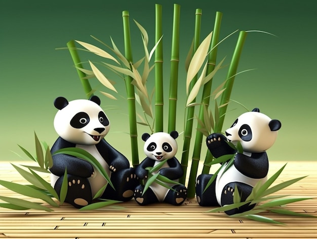 Pandas en un bosque de bambú, tres pandas, hojas verdes, bambú, Fondo de pantalla HD