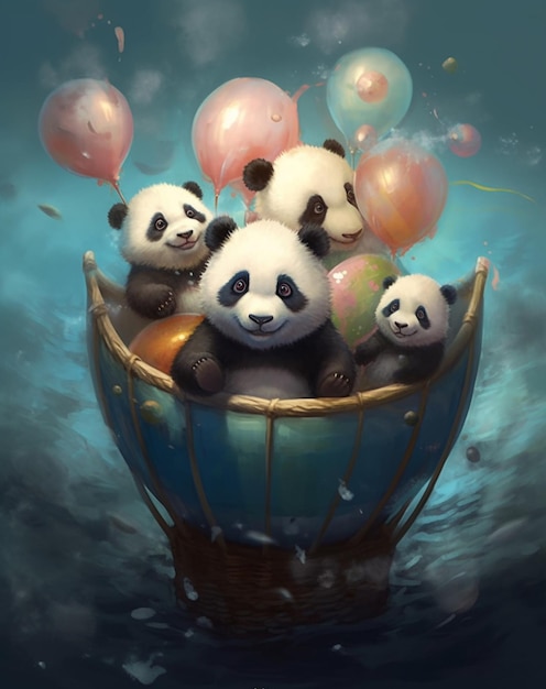 Foto pandas en un bote con globos