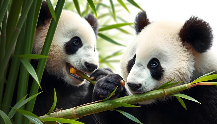 Foto los pandas comen bambú aislado con luces blancas