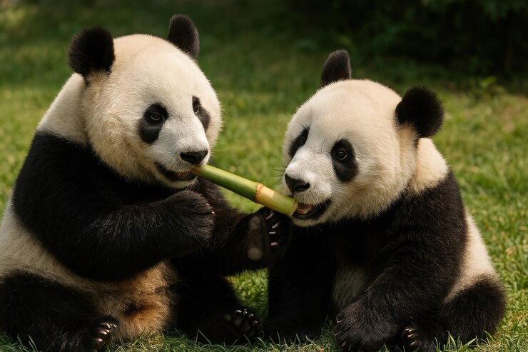 Foto los pandas comparten el bambú con alegría