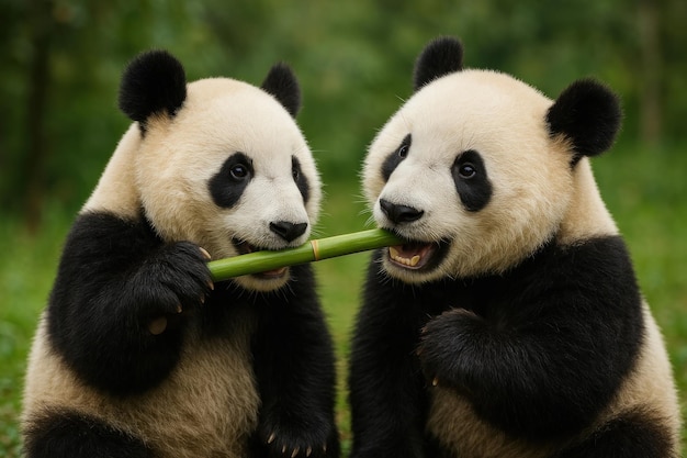 Los pandas juguetones comparten el bambú con alegría