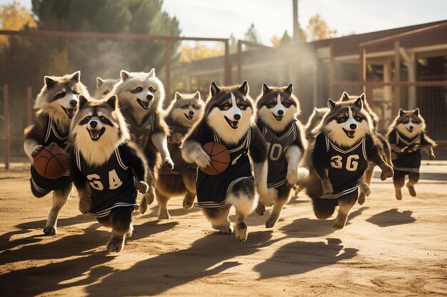 Pandas juguetones jugando al baloncesto en el campo de la escuela con estilizado artístico