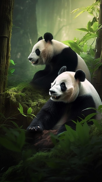 Pandas en la jungla con un fondo verde