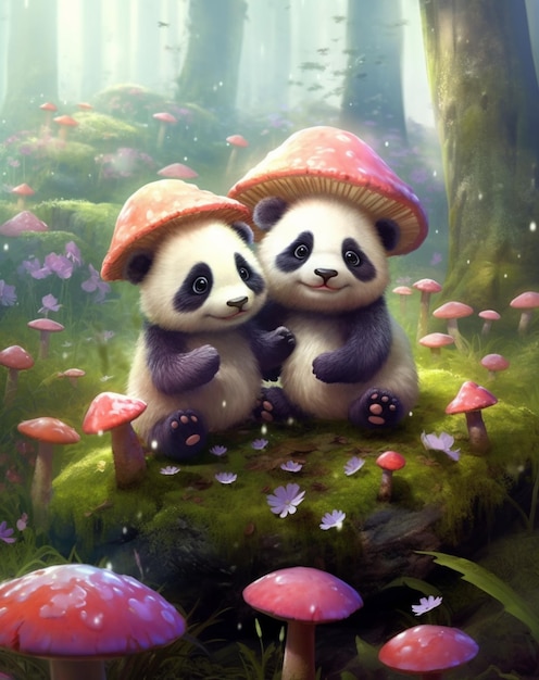 Pandas na floresta com cogumelos