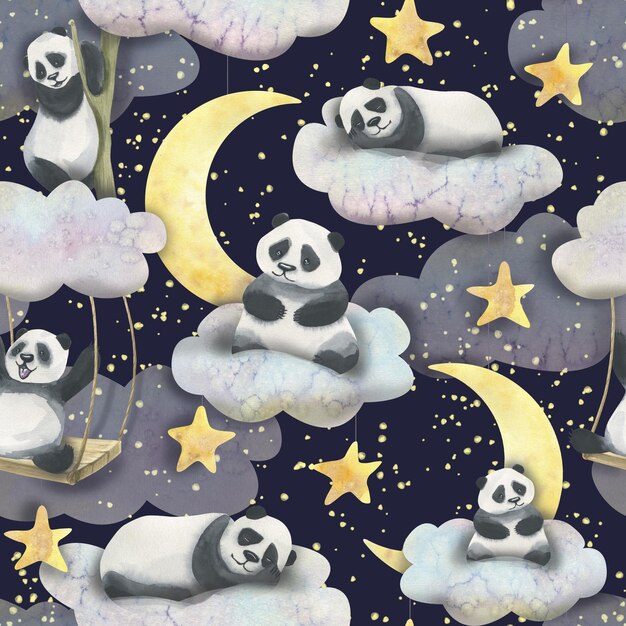 Pandas en las nubes y en un columpio en el cielo con estrellas y la luna sobre un fondo azul oscuro Ilustración de acuarela Patrón sin costuras para tela textil papel tapiz embalaje papel de regalo