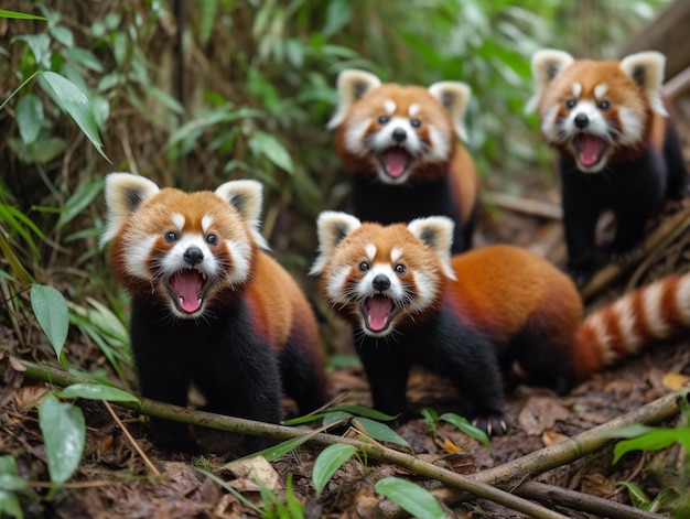 Pandas rojos en el bosque con la boca abierta