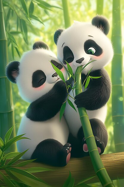 pandas sentados en una rama comiendo hojas de bambú en un bosque de bambú