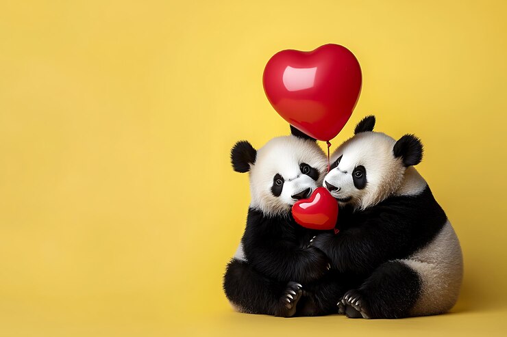 Foto pandas sentados uno sobre el otro con un globo en forma de corazón